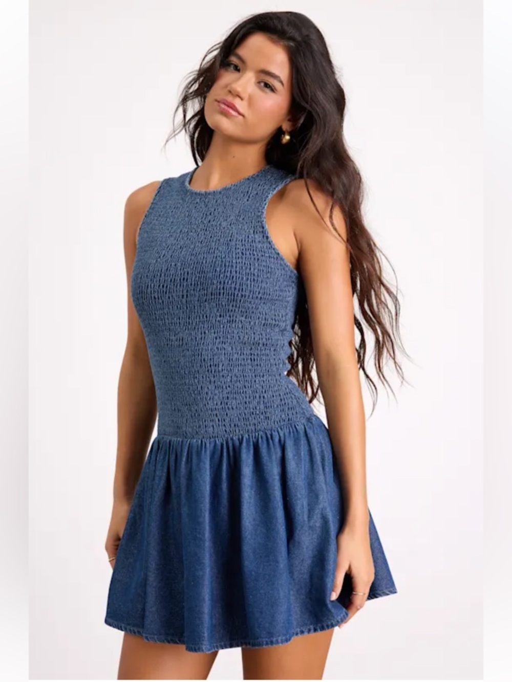 SOLD Zara New With Tags Medium Wash Cotton Denim Smocked Mini Dress- Medium